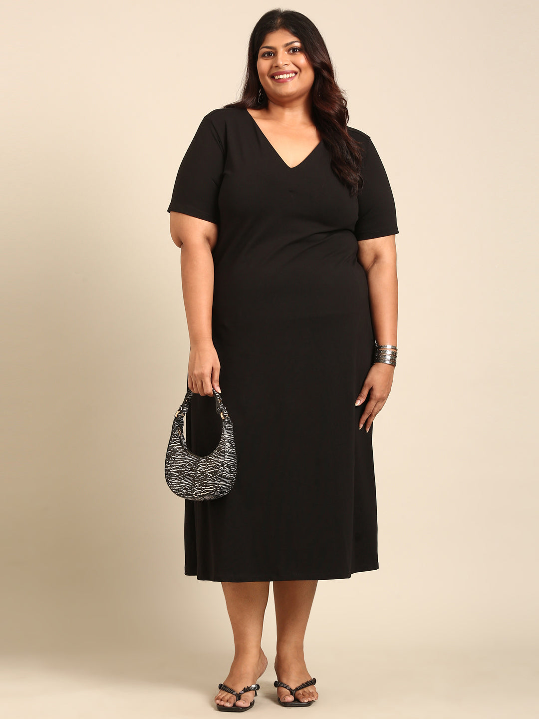 Black Cotton V-Neck Maxi Dress