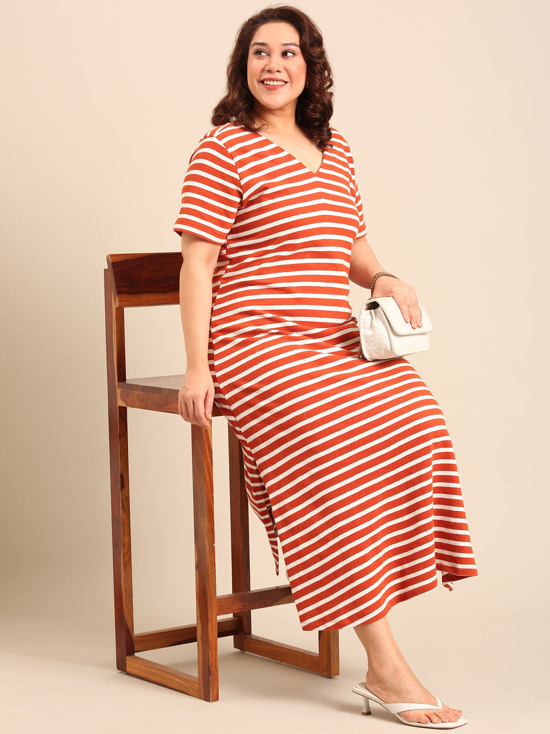 Ribbed Rust-White Striped Dress