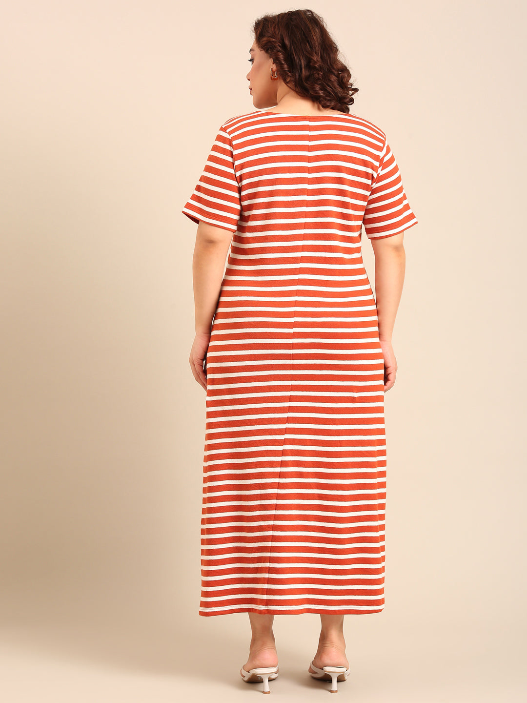 Ribbed Rust-White Striped Dress