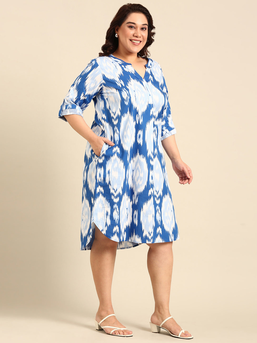 Printed Dress with Mandarin Collar