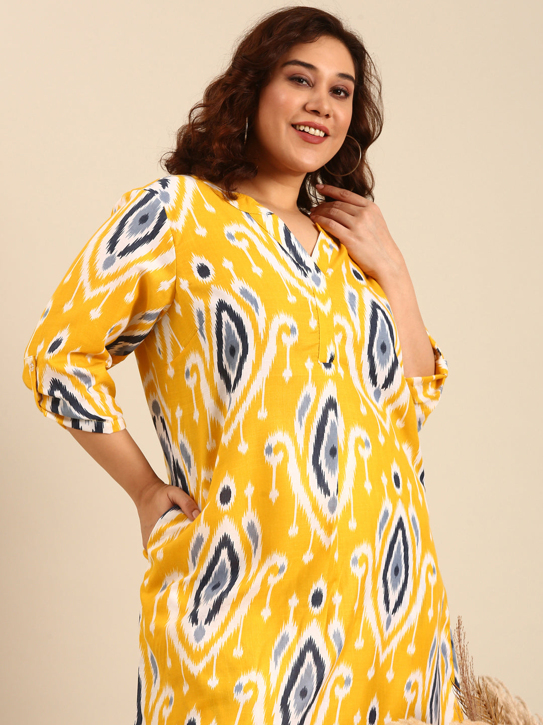 Yellow Ikkat Printed Midi Dress