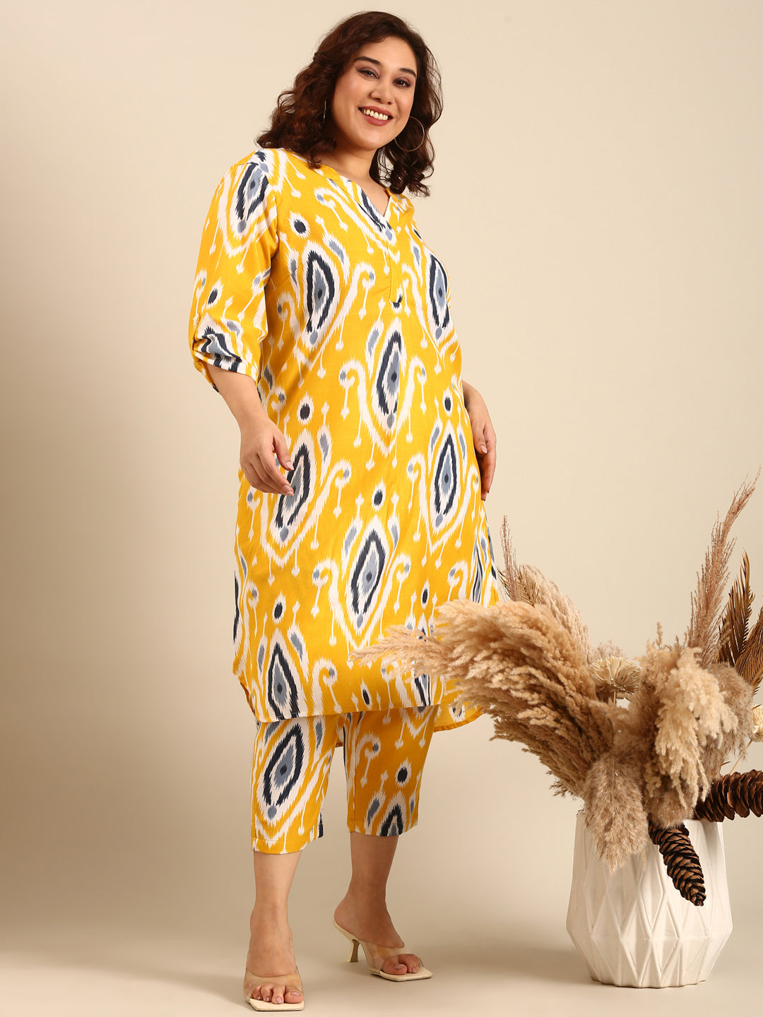 Yellow Ikkat Printed Midi Dress