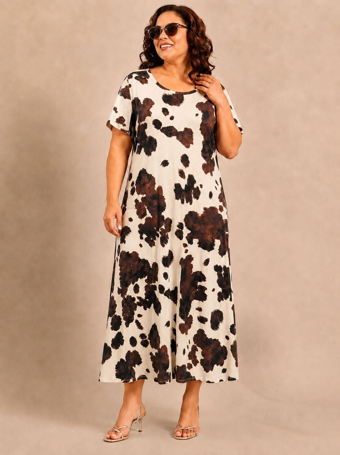Brown & off-white Printed Cap Sleeve Dress