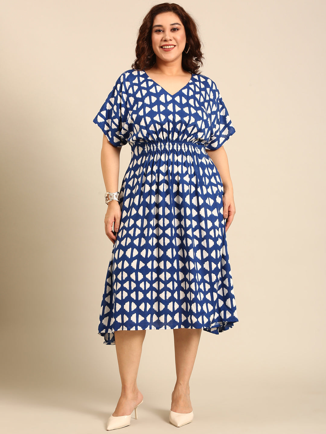 Blue Geometric Printed Smocking Dress