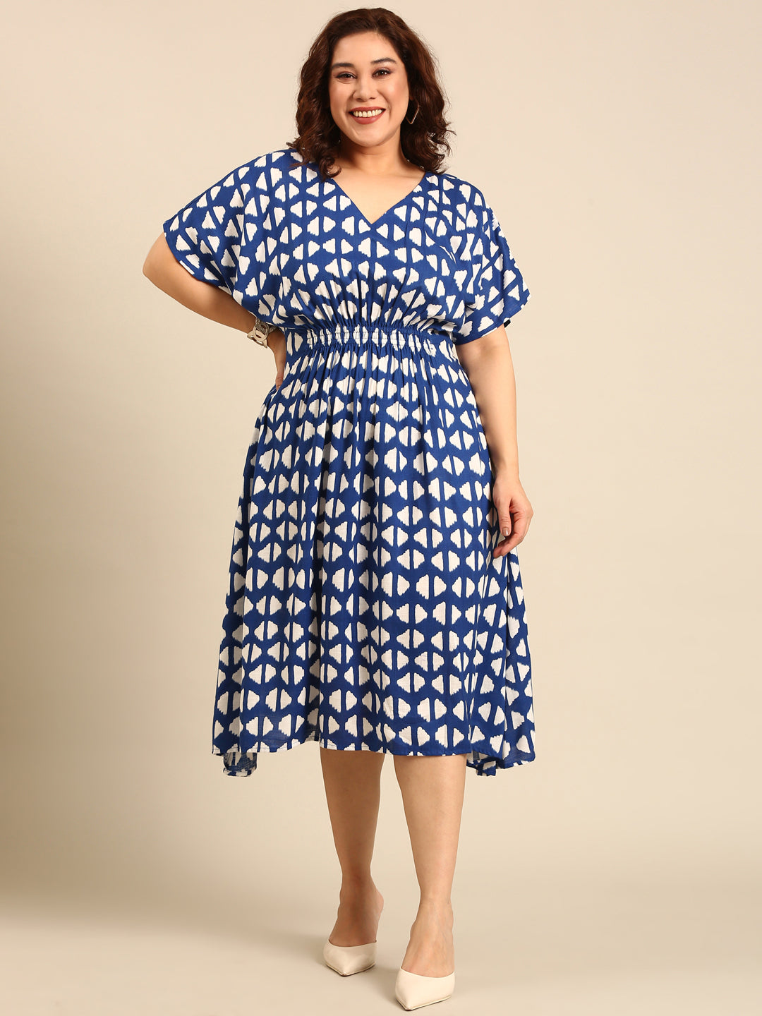 Blue Geometric Printed Smocking Dress