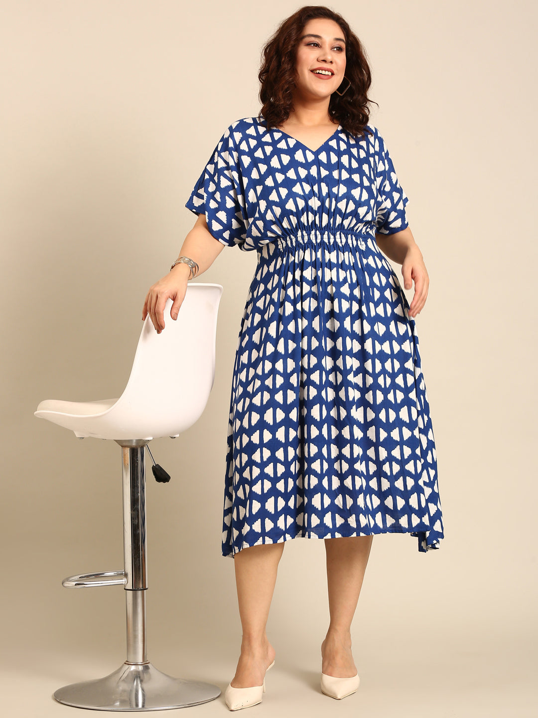 Blue Geometric Printed Smocking Dress