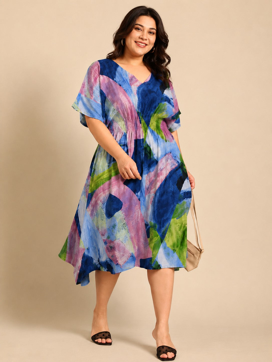 Multi Color Abstract Printed Smocking Dress