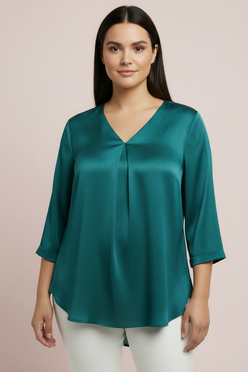 Dark Green Pleated V-Neck Top