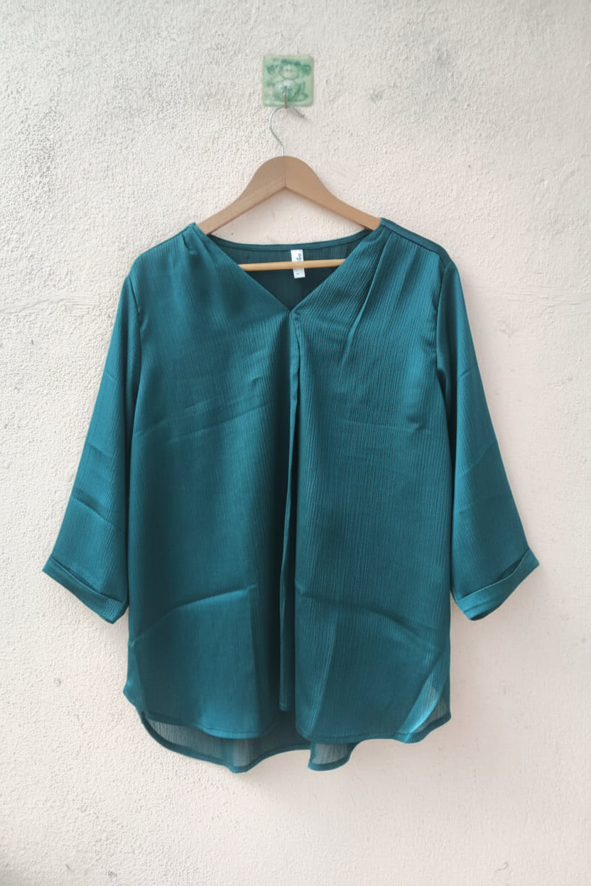 Dark Green Pleated V-Neck Top