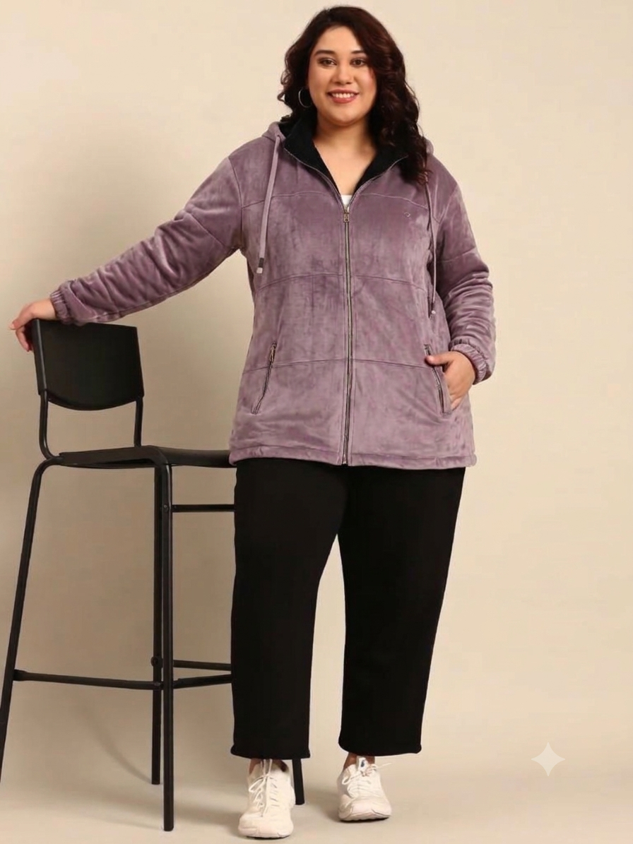 Double-Sided Reversible Lavender Velvet Zip-Up Hoodie Jacket