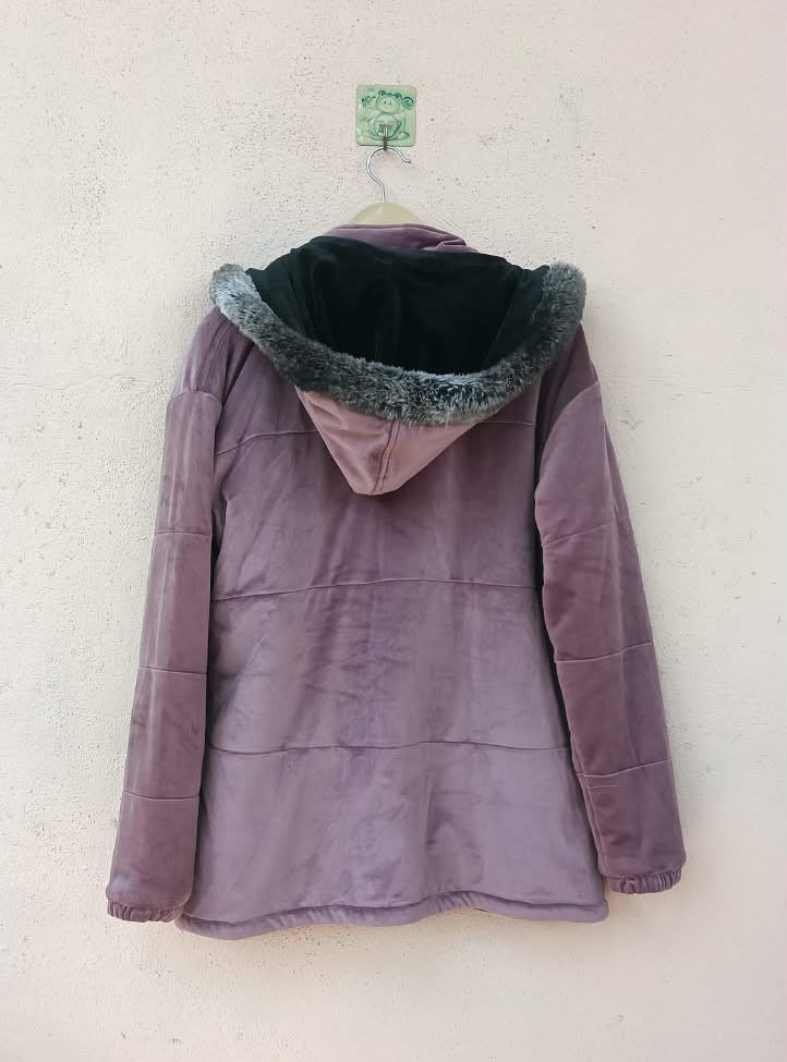 Double-Sided Reversible Lavender Velvet Zip-Up Hoodie Jacket