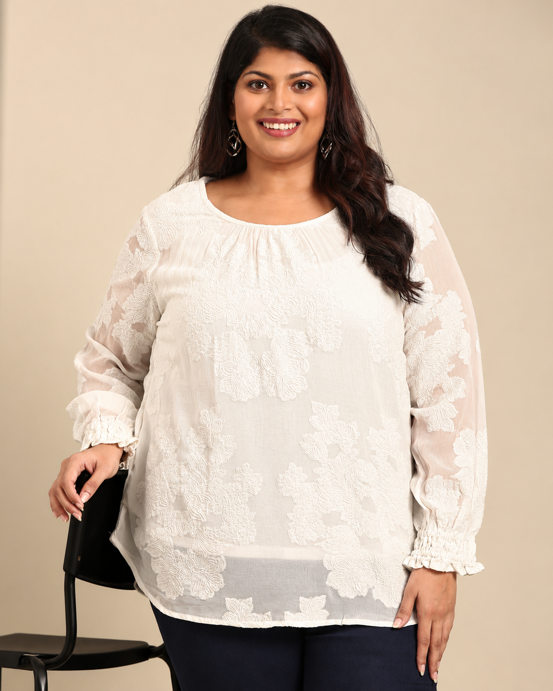 White Floral Jacquard Cuff Top