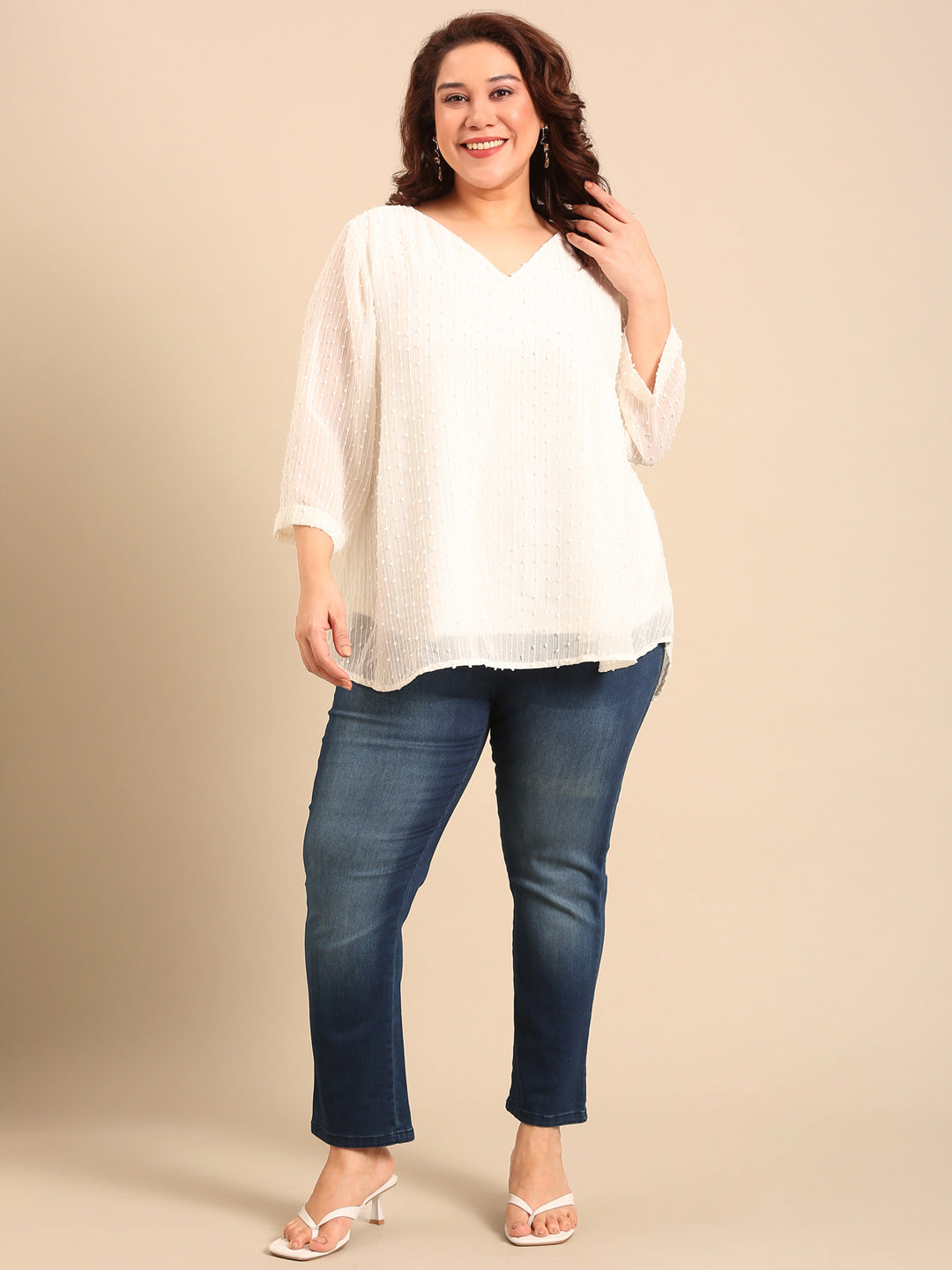 Elegant White Embroidered Top with Navy Jeans (2 Piece)
