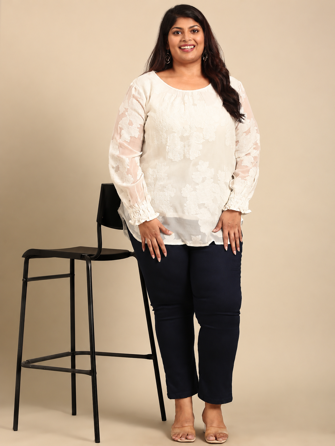 White Floral Jacquard Cuff Top