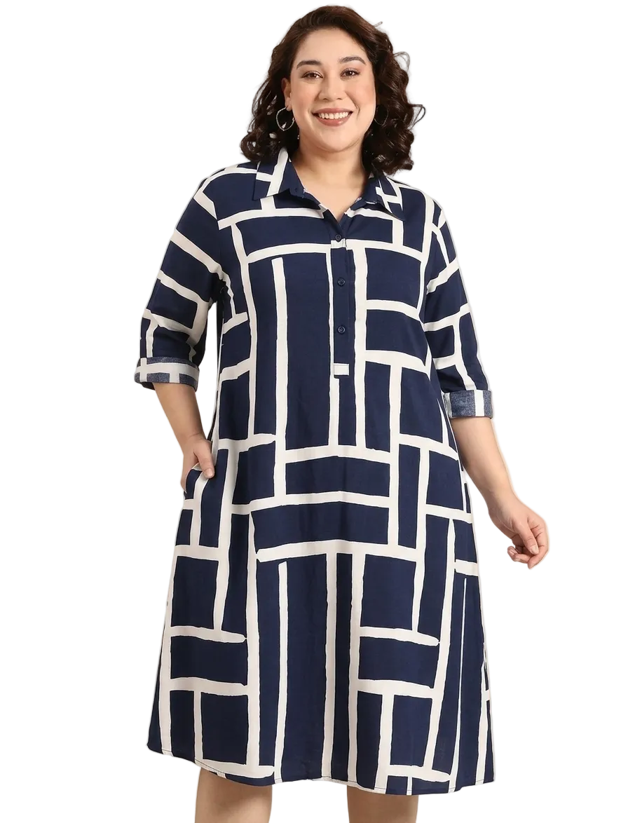 Navy Maze Print Shirt Dress