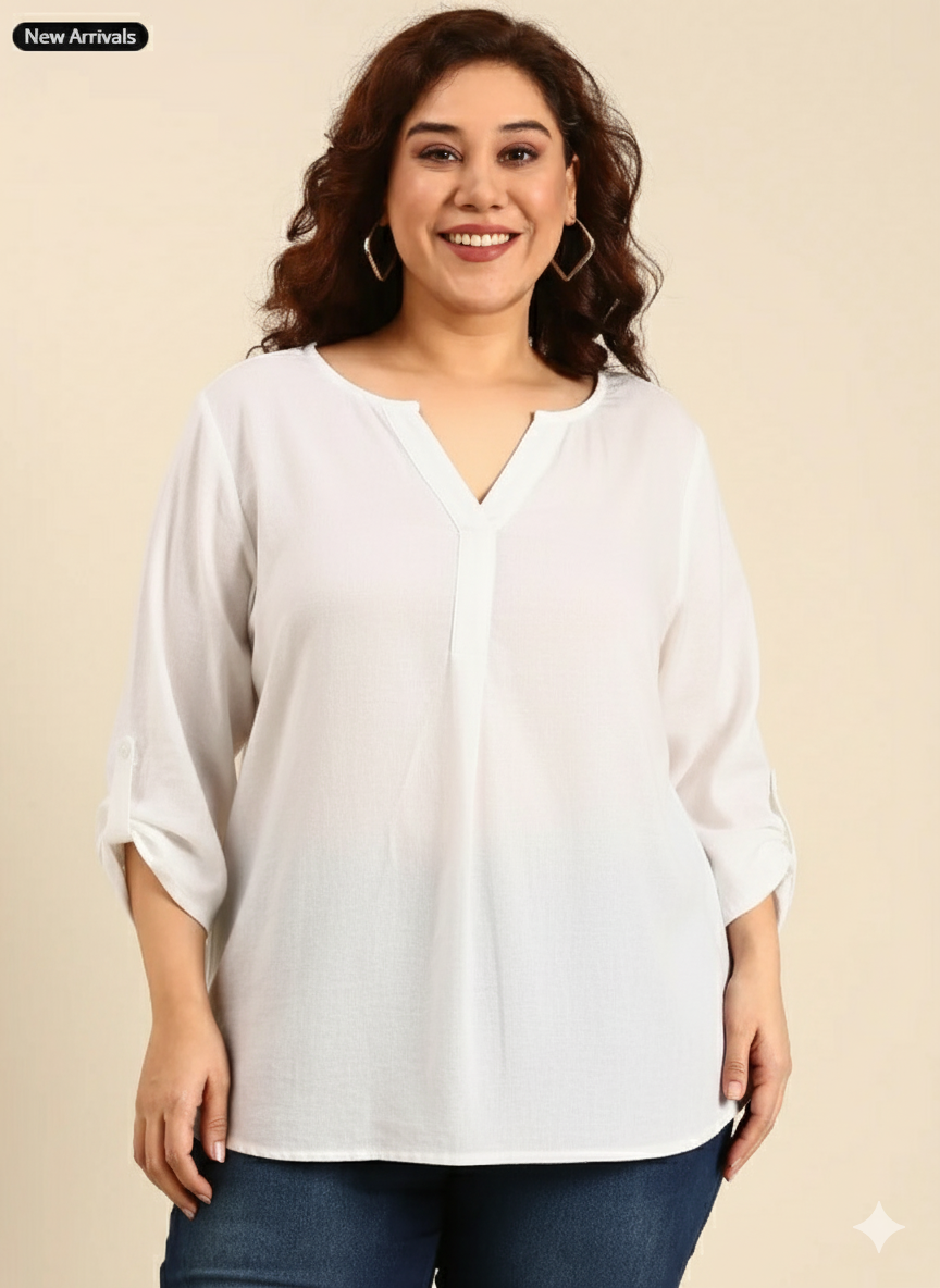 White Cotton V-Neck Top