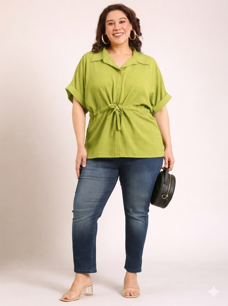 Green Relaxed Fit Drawstring Shirt
