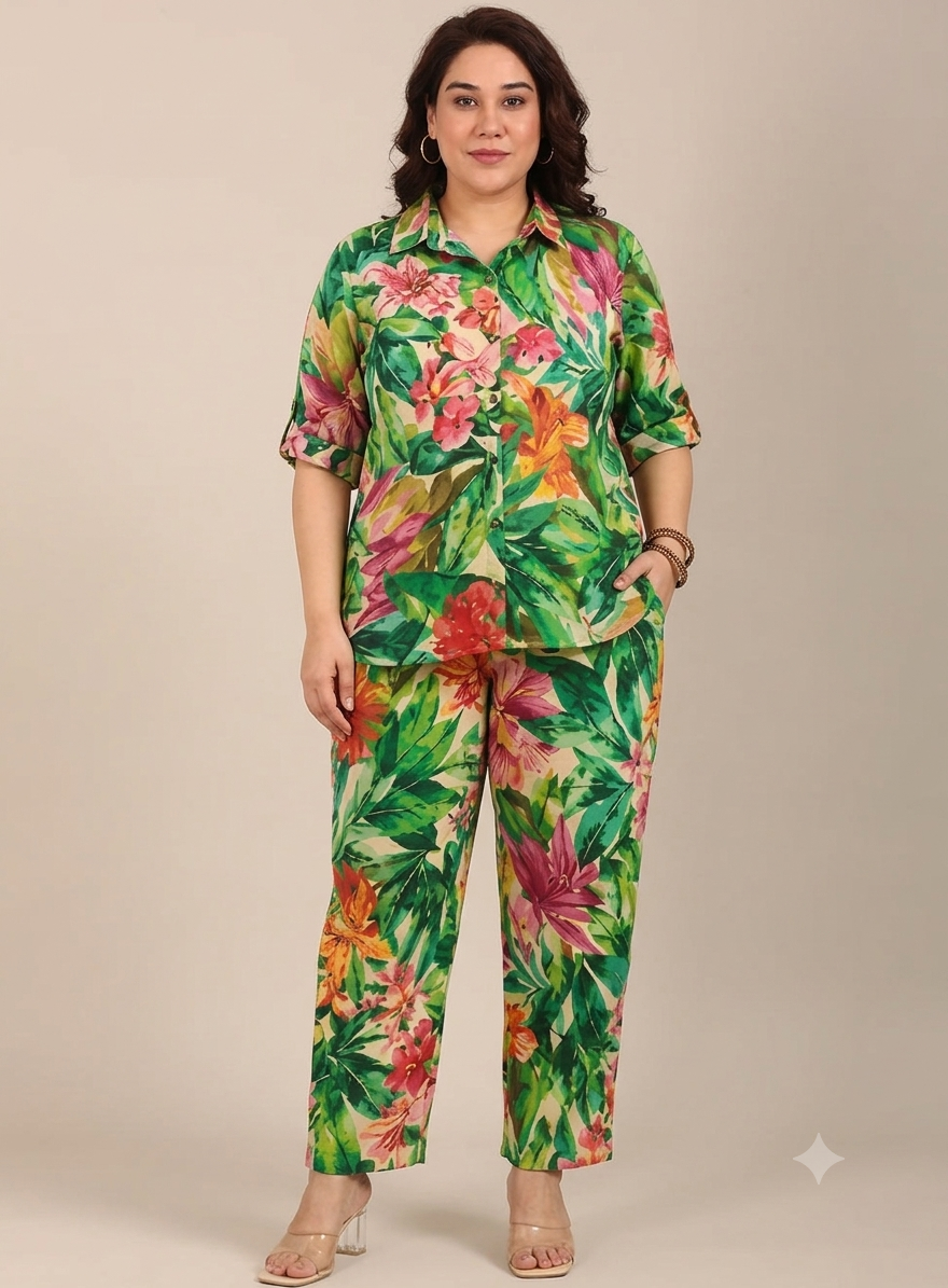 Green Tropical Floral Printed Shirt & Pant Co-ord Set