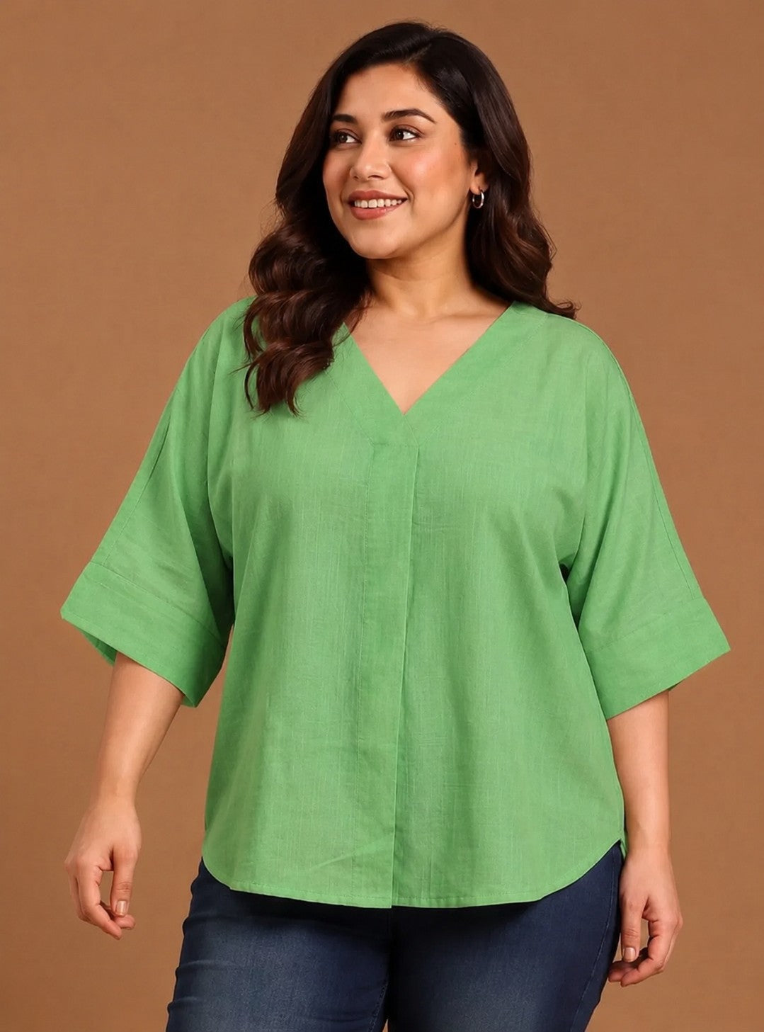 Green V-Neck Drop Shoulder Top