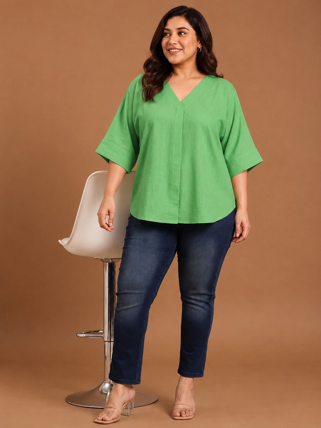Green V-Neck Drop Shoulder Top