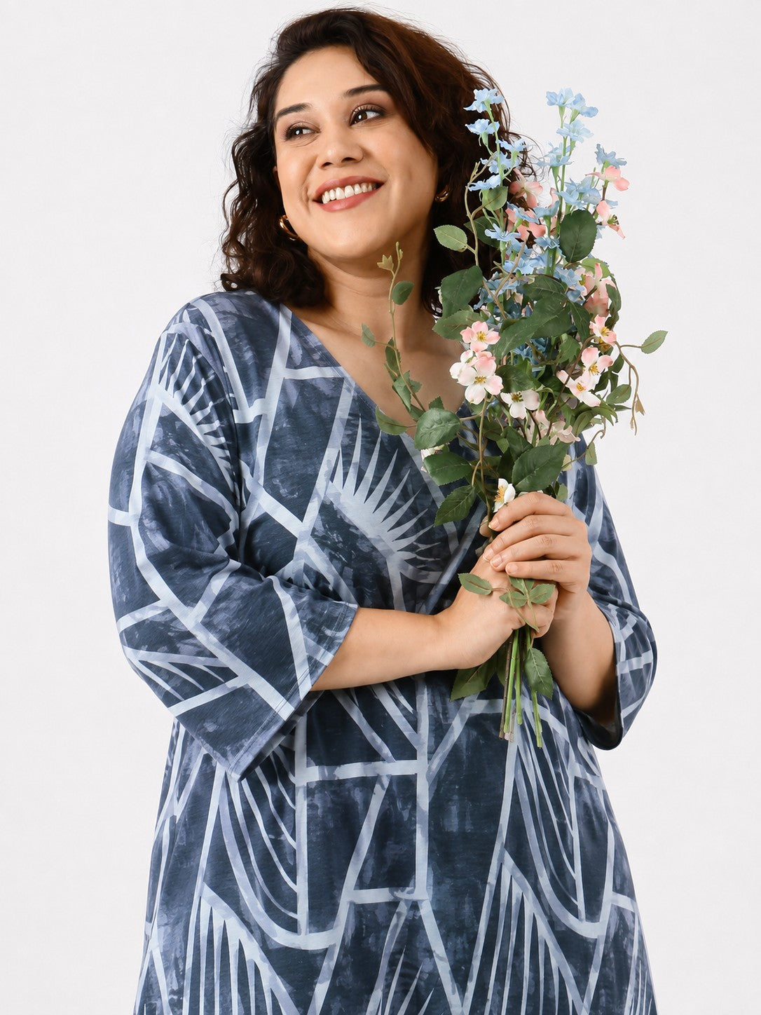 Indigo Geometric Printed V-Neck Maxi Dress