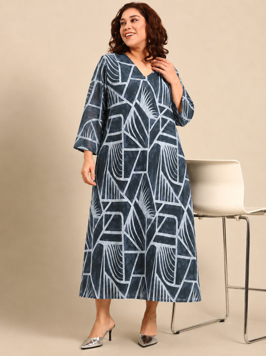 Indigo Geometric Printed V-Neck Maxi Dress