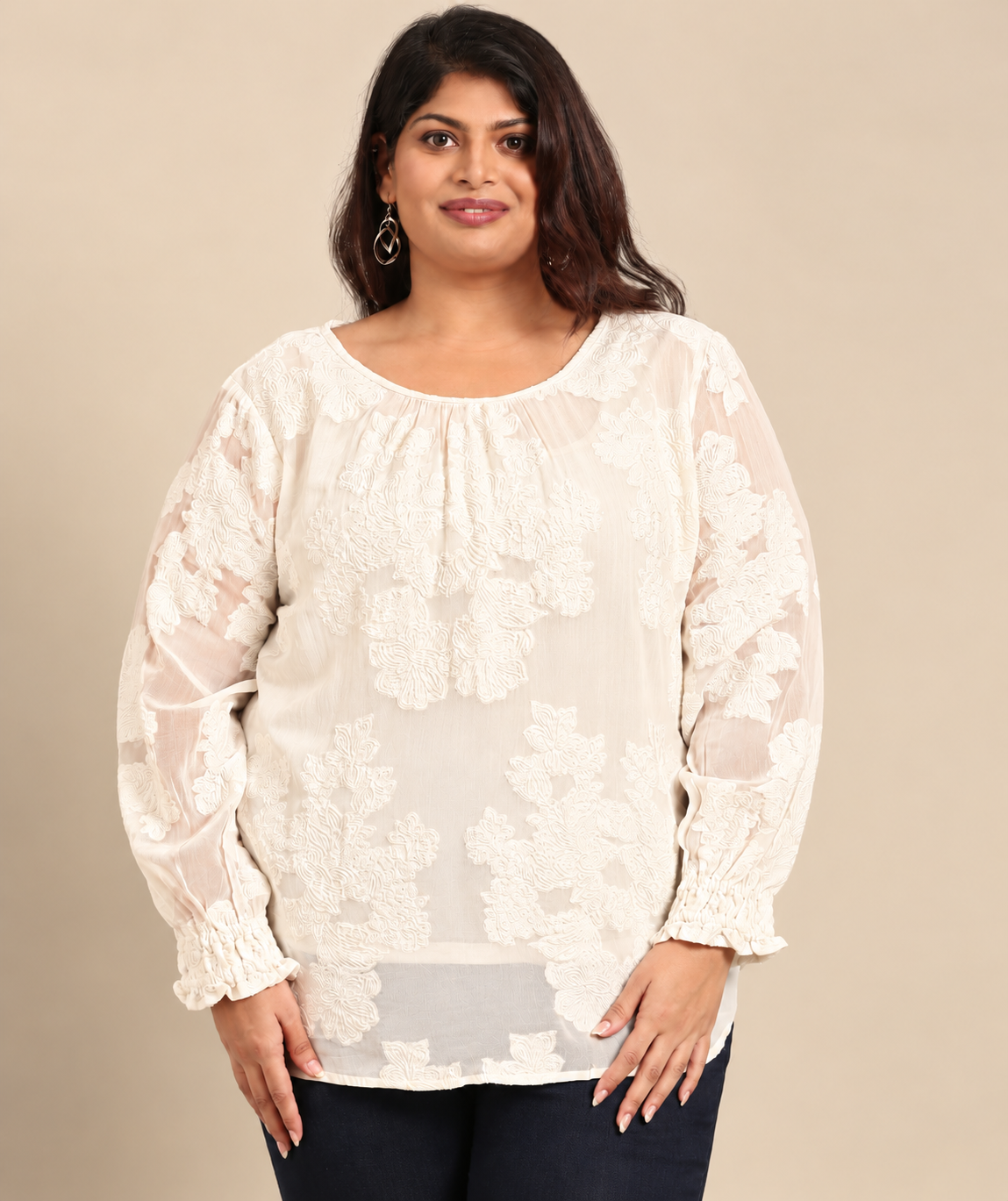 White Floral Jacquard Cuff Top