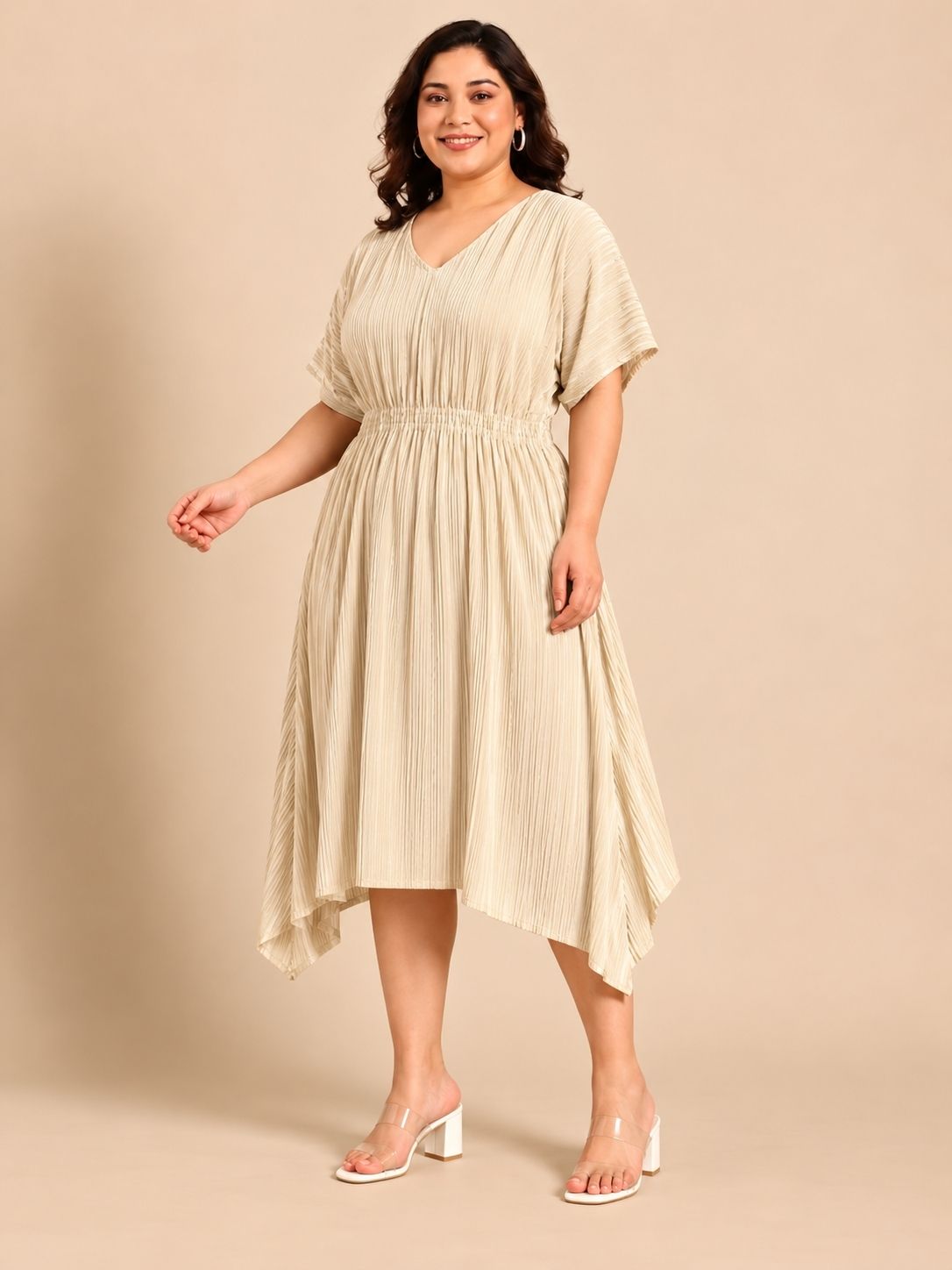 Ivory Pleated Smocking Midi Dress