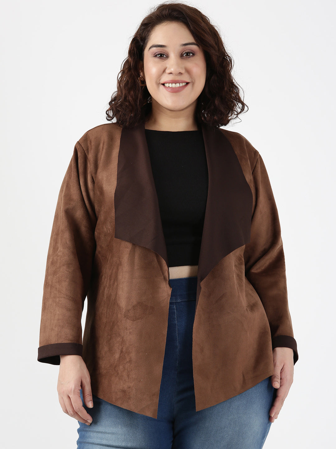 Brown Faux Suede Waterfall Jacket