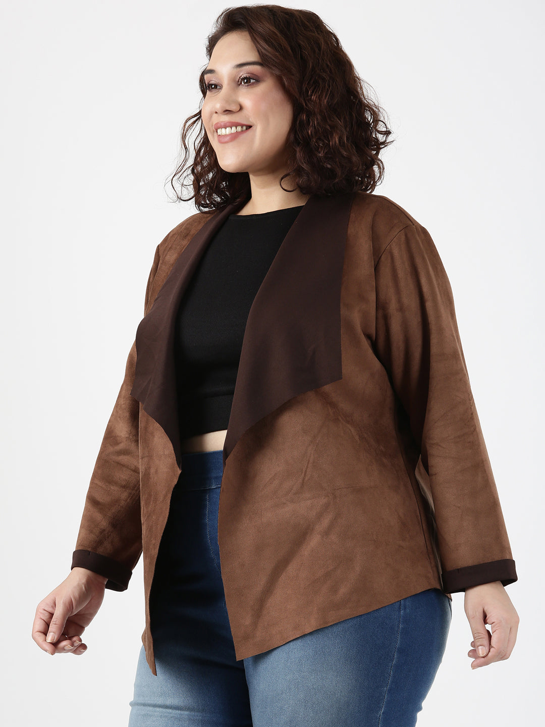 Brown Faux Suede Waterfall Jacket