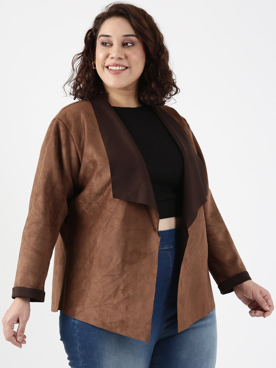 Brown Faux Suede Waterfall Jacket
