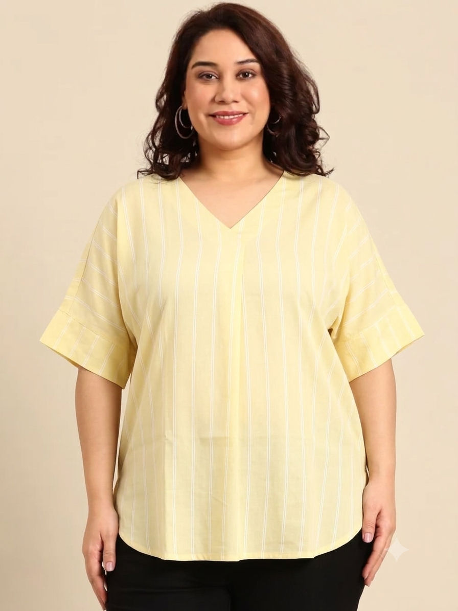 Light Yellow Vertical Striped V-Neck Top