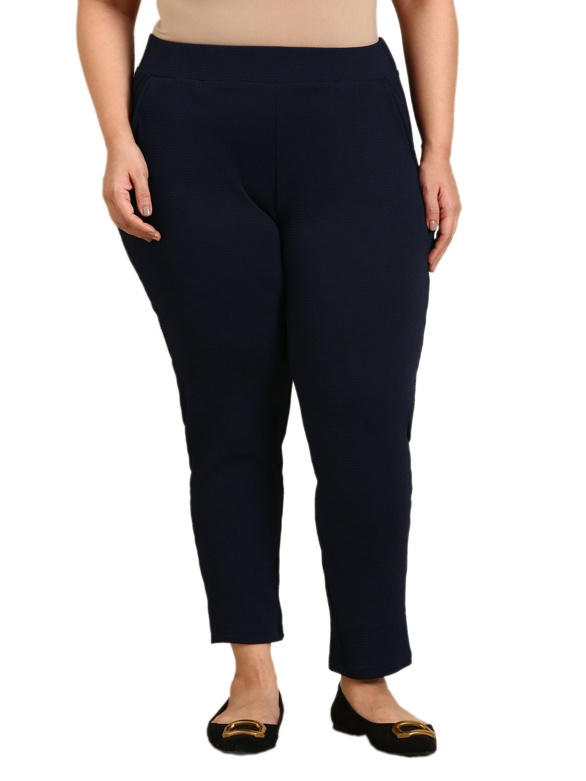 Plus Size navy embossed stretch pants For Women L to 6XL - The