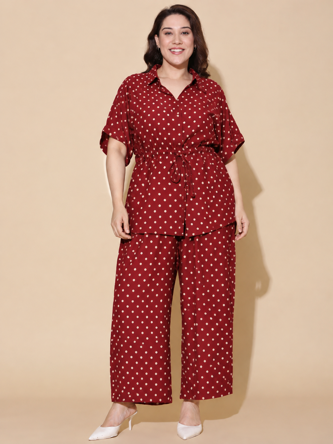 Polka-Dot Linen Drawstring Co-Ord Set (2-Piece)