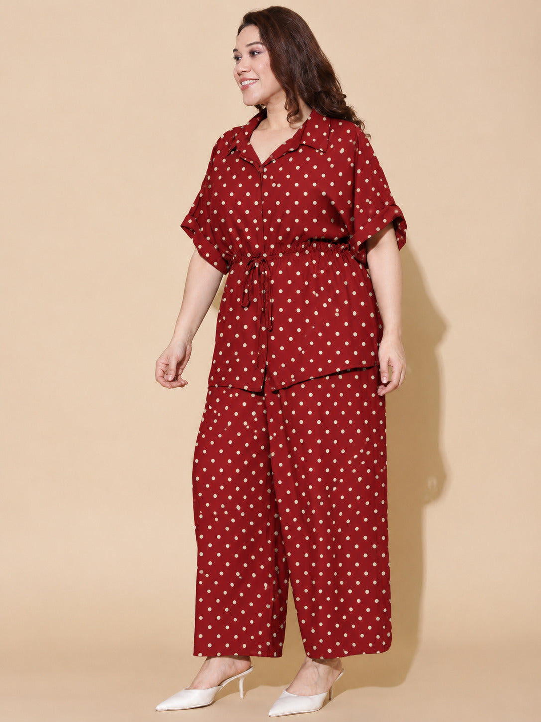 Red Polka Dot Linen Drawstring Shirt