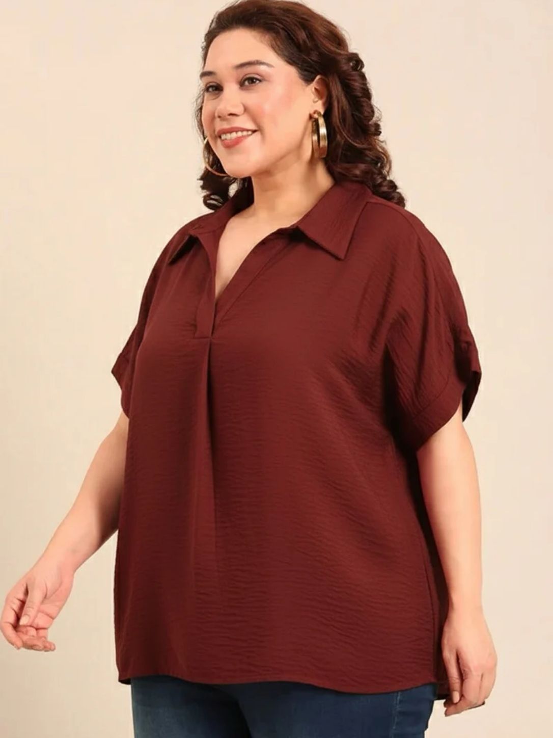 Maroon Collar Neck Drop Shoulder Top