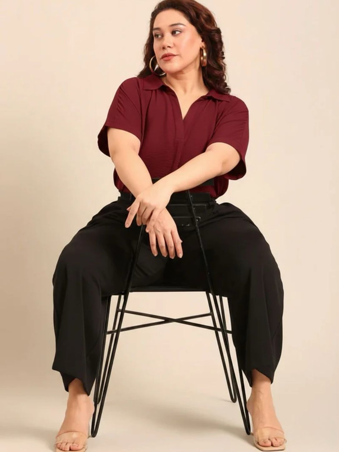 Maroon Collar Neck Drop Shoulder Top
