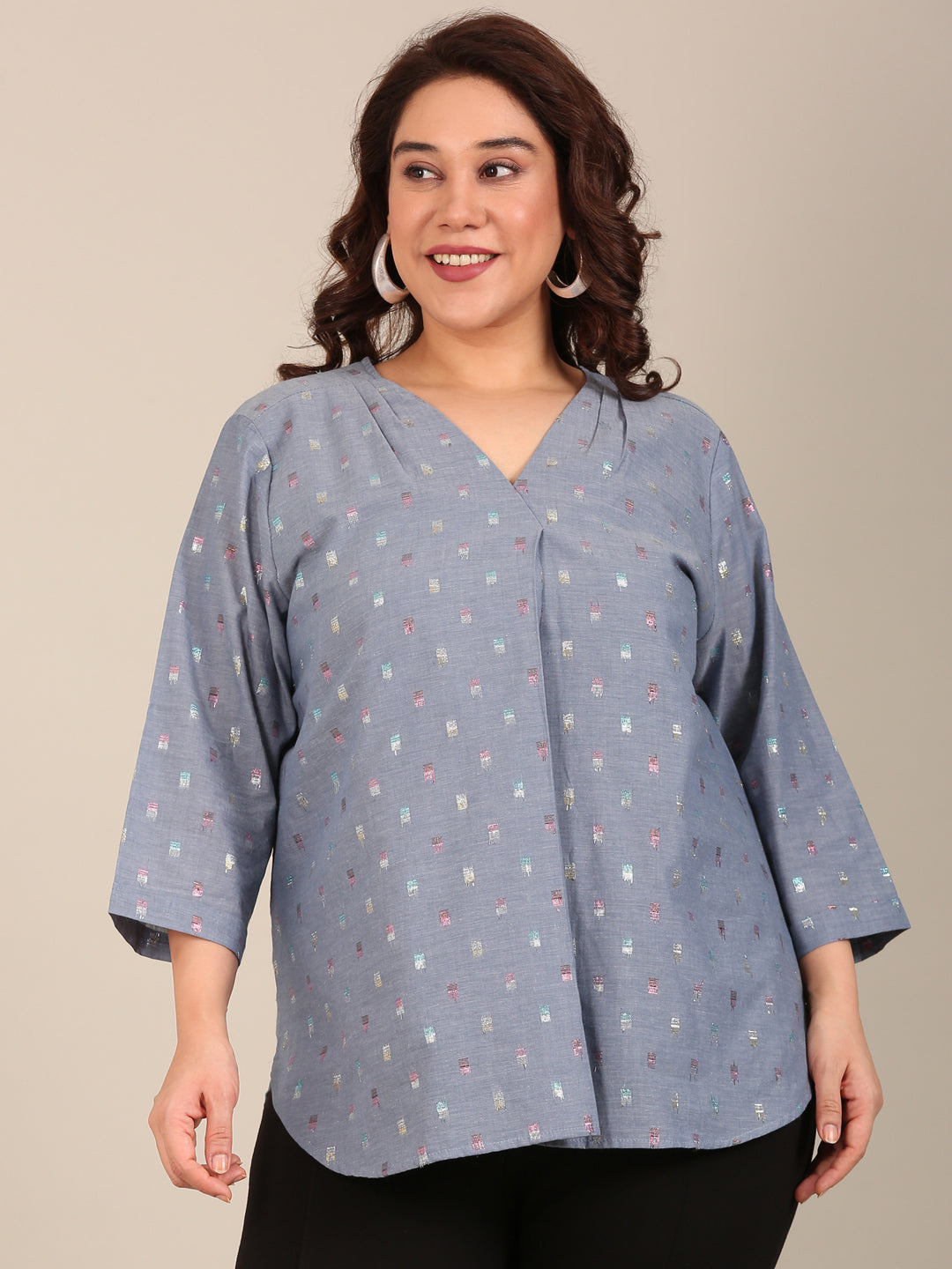 Multi-Color Dobby V-Neck Top