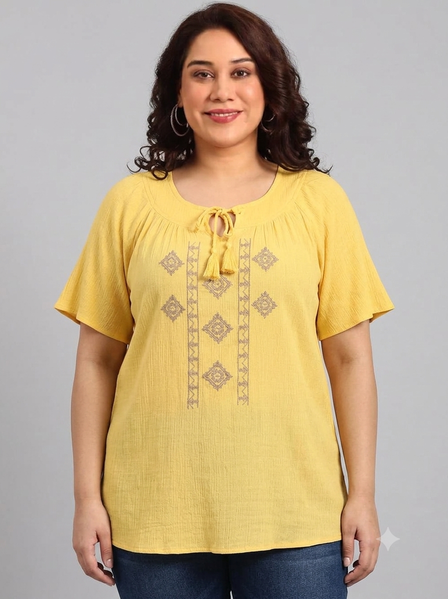 Mustard Yellow Embroidered Crinkle Cotton Top