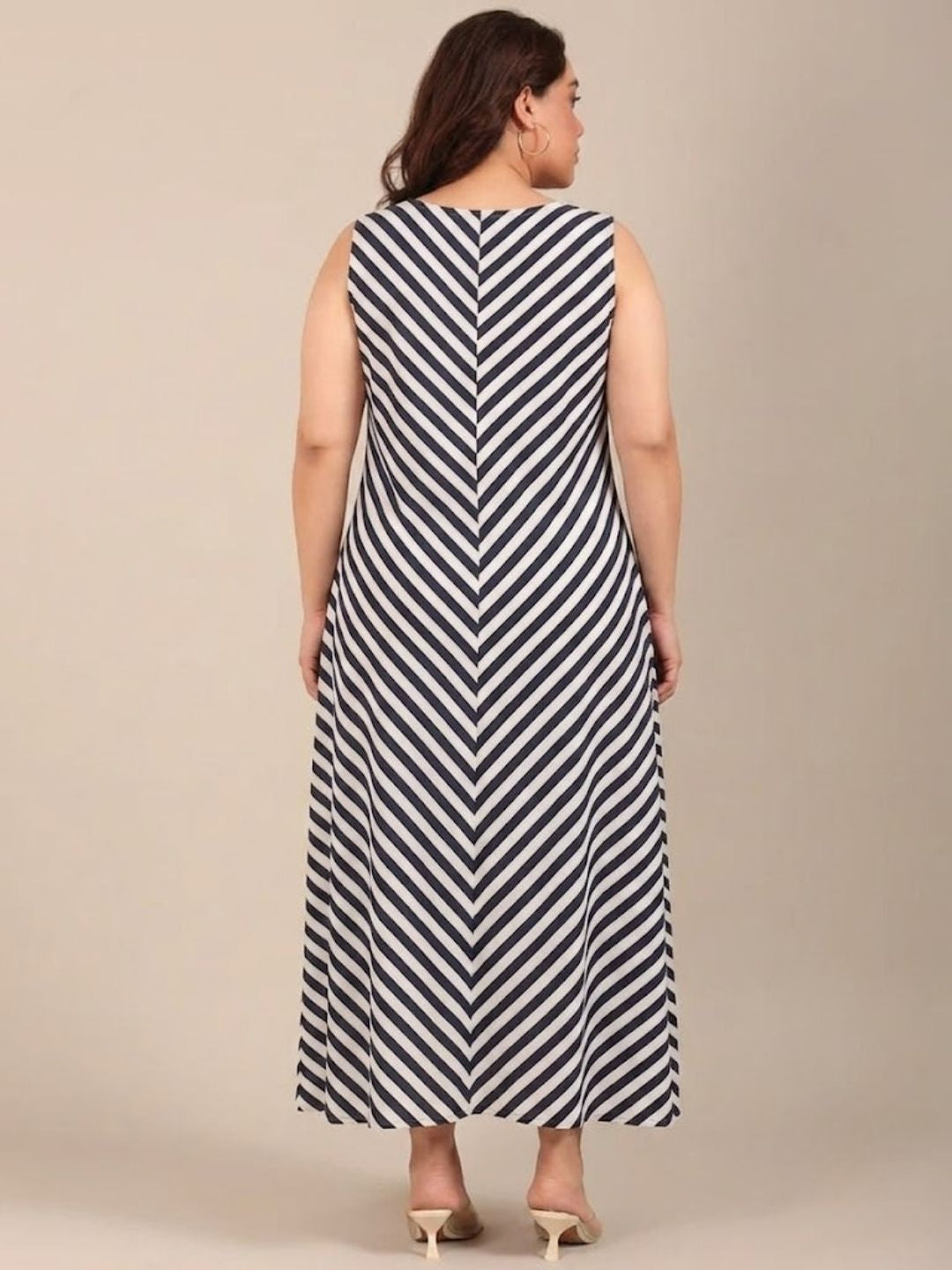 Navy-White Striped Sleeveless Maxi Dress