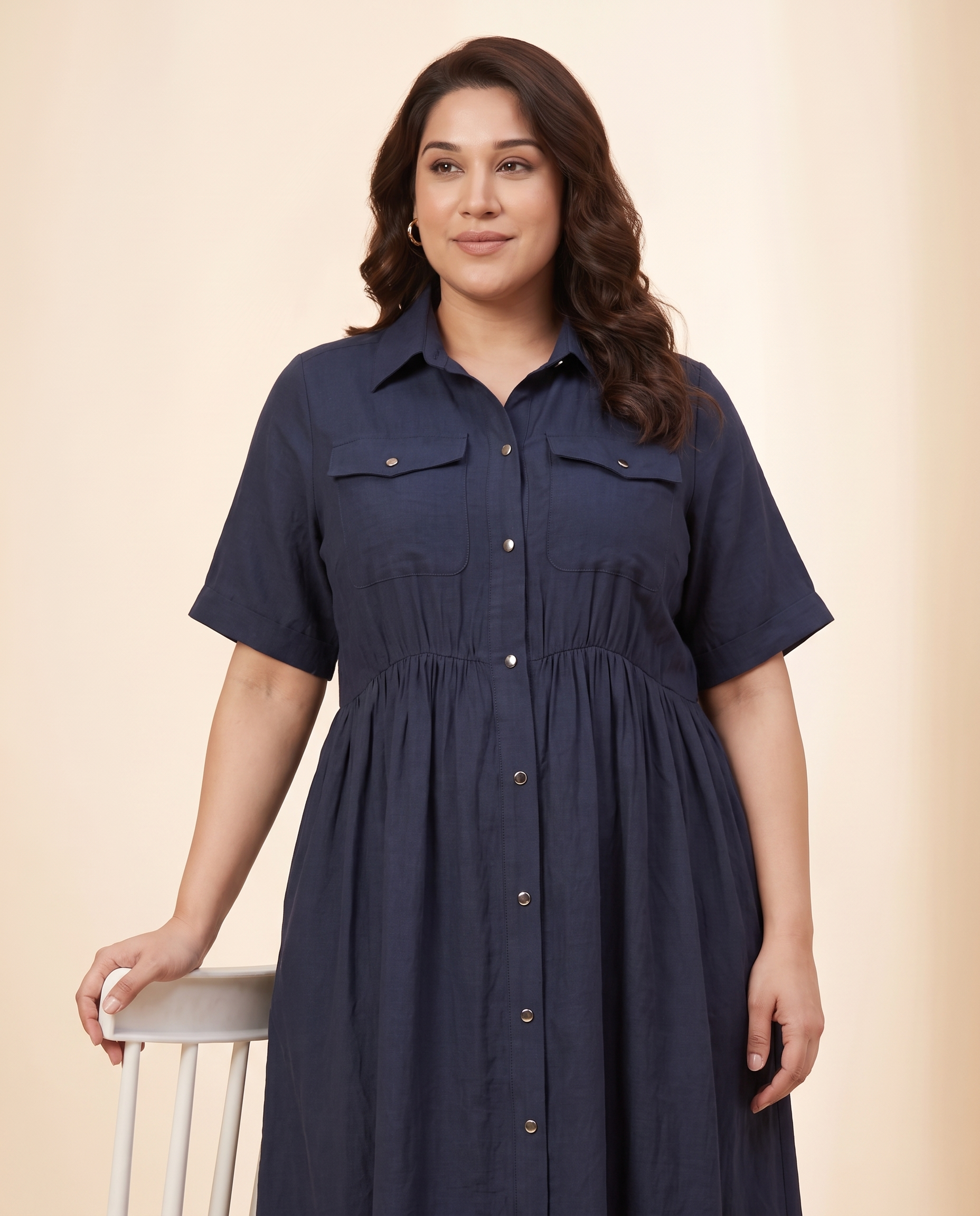 Navy Button-Front Midi Dress