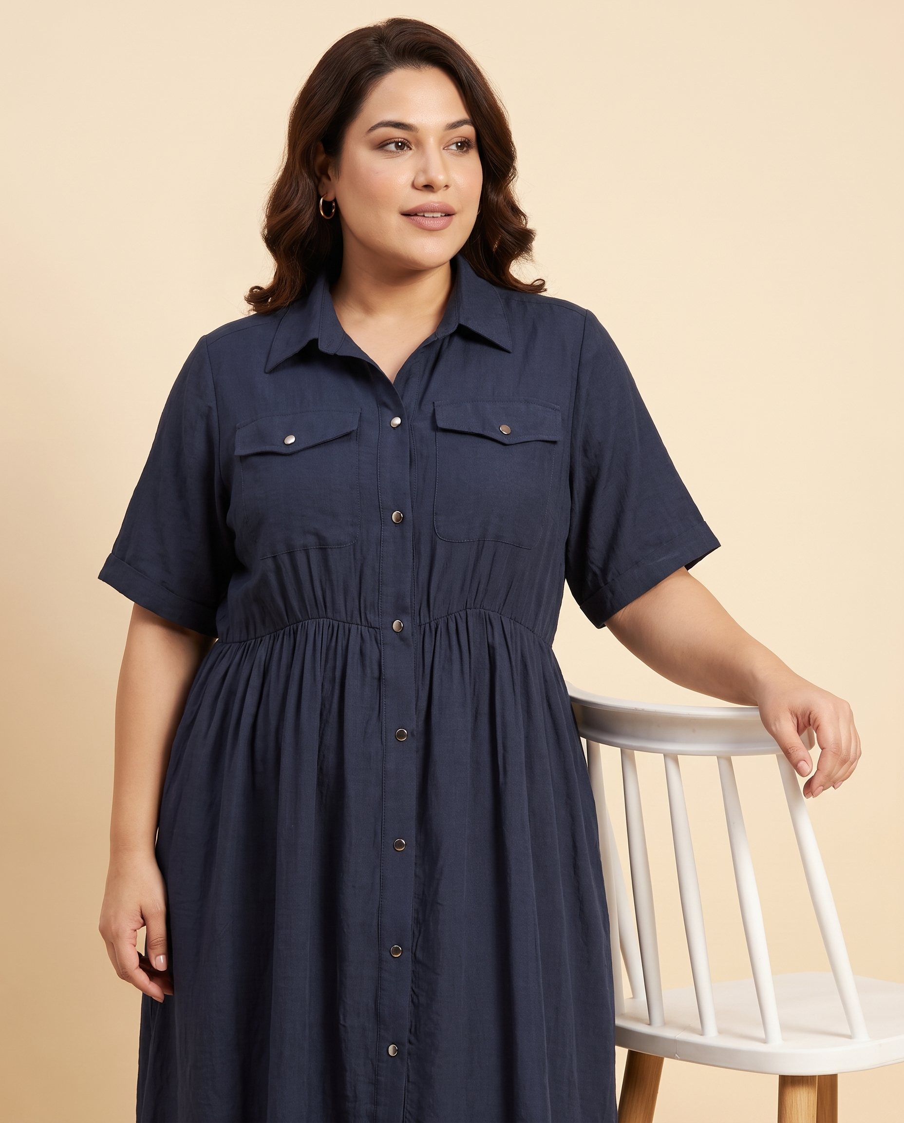 Navy Button-Front Midi Dress