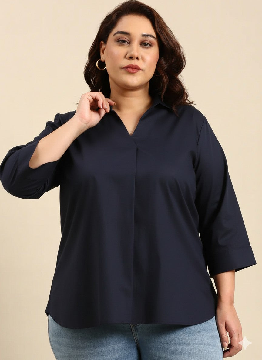 Navy Cotton Collar Neck Top