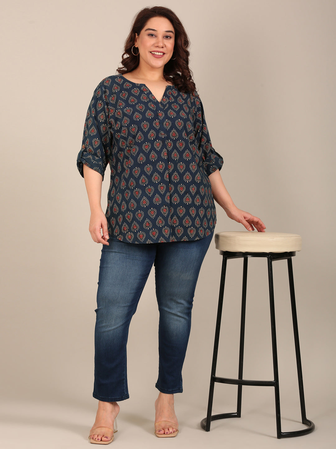 Navy Cotton Printed V Neck Top