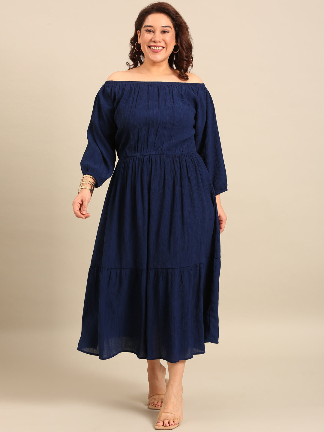 Navy Crepe Off Shoulder Dress