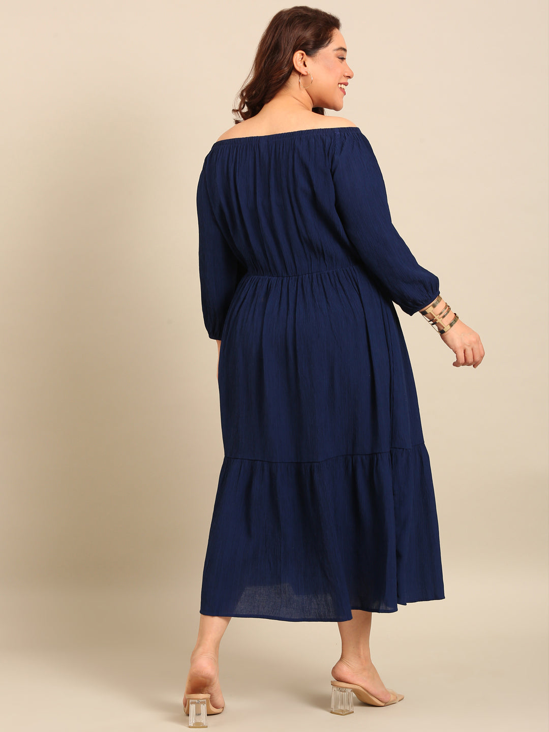 Navy Crepe Off Shoulder Dress