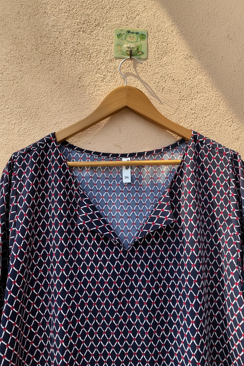 Navy Dot Printed V-Neck Dress