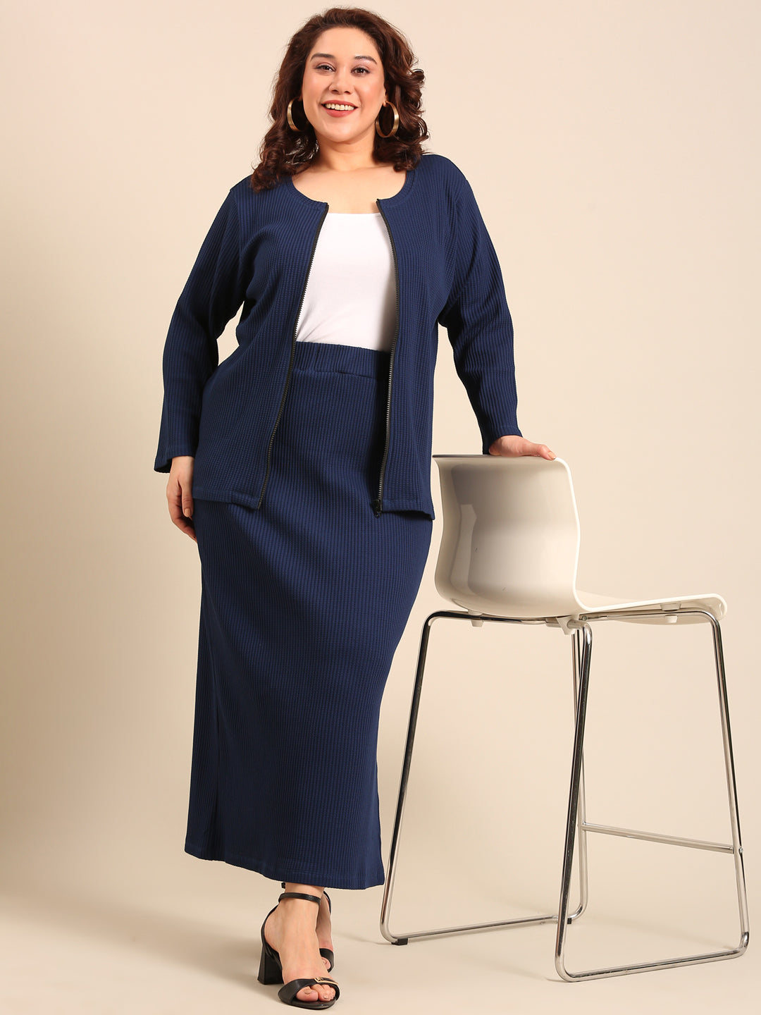 Navy Rib Side Slit Skirt1