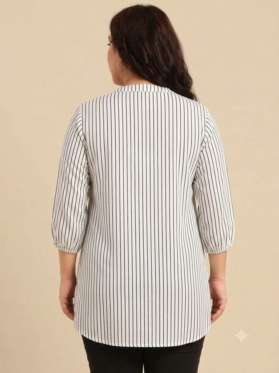 Navy & White Vertical Striped V-Neck Top