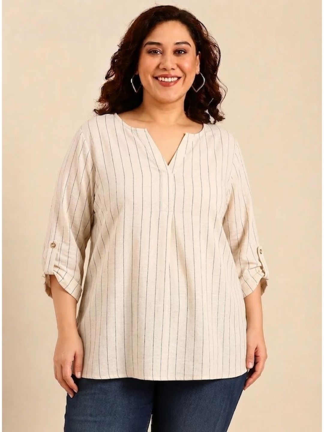 Off White Striped V-Neck Top